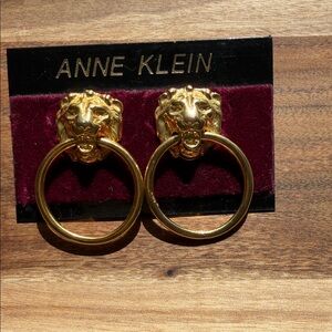 Vintage Anne Klein Gold Lion Head Hoop Drop Earrings